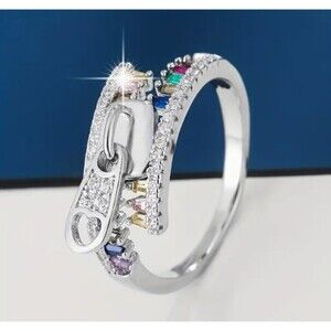 Unique Silve Zipper Ring Multicolored Baguette Stones Size 8